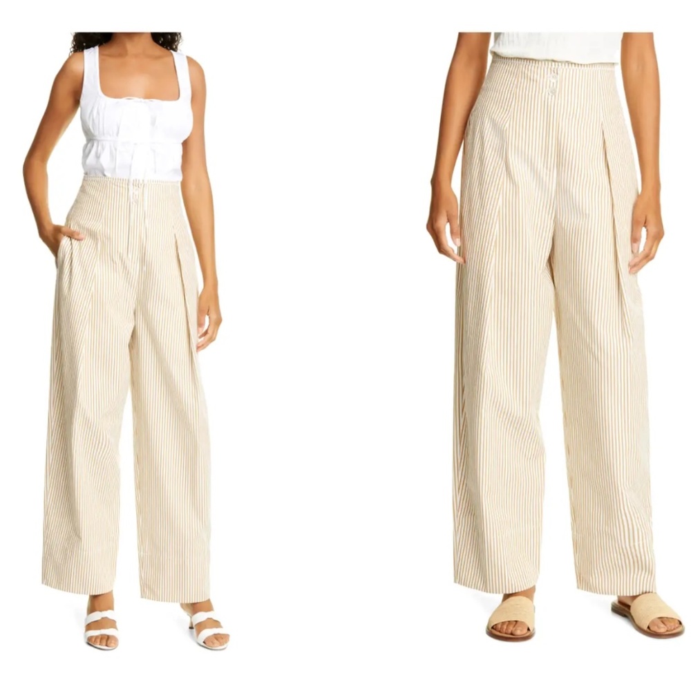 Rebecca Taylor High-Waist Striped‎ Cotton Pant Pockets Pleated Sz 6 Brown Beige